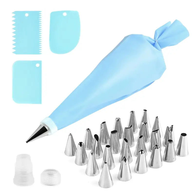 a set of pastry tools with a blue plastic bottle