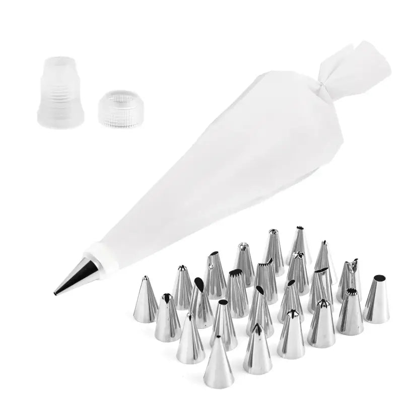a set of pastry tools with a white plastic bottle and a white plastic cone