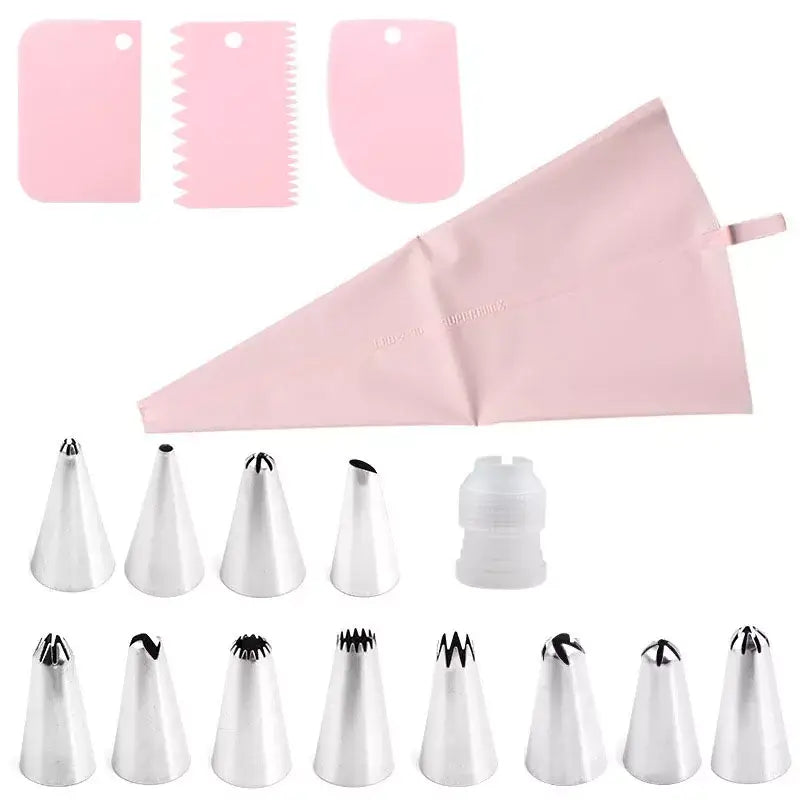 a set of pink and white paper cones with black and white pips