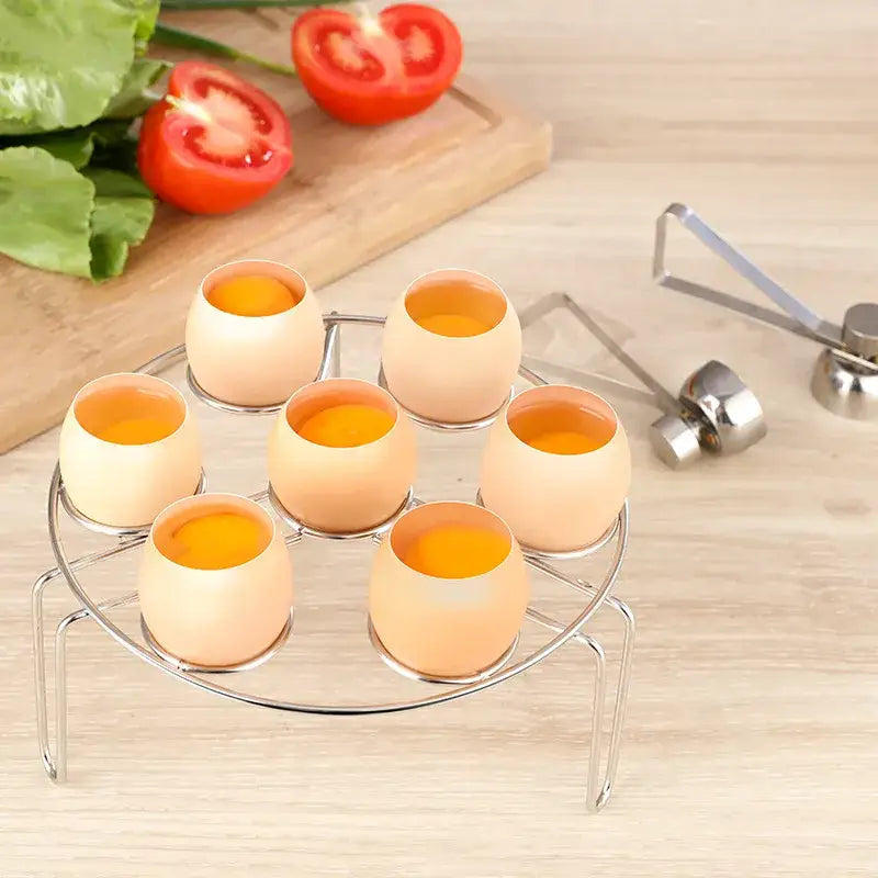 a set of six eggs on a metal stand