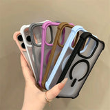 A set of six transparent phone cases with colored frames and a MagSafe ring.