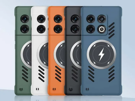 Set of smartphone cases with circular camera designs and lightning bolt symbols.