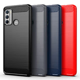 Set of smartphone cases in different colors (black, gray, blue, and red) with a textured carbon fiber-like design.