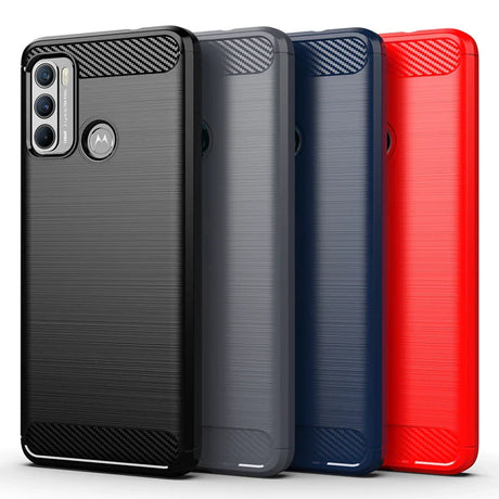 Set of smartphone cases in different colors (black, gray, blue, and red) with a textured carbon fiber-like design.