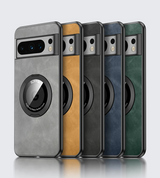 Set of smartphone cases in various colors with a distinctive circular design element.