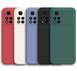 Set of smartphone cases in different colors with camera and button cutouts.