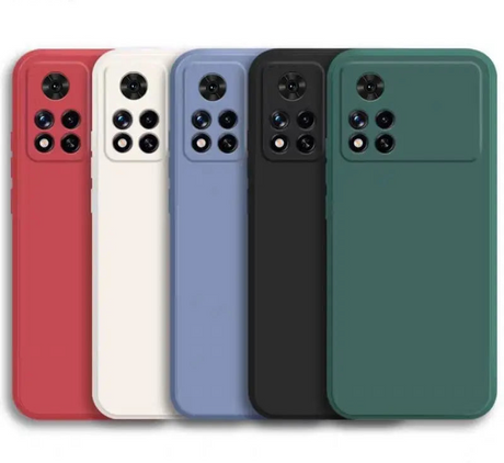 Set of smartphone cases in different colors with camera and button cutouts.