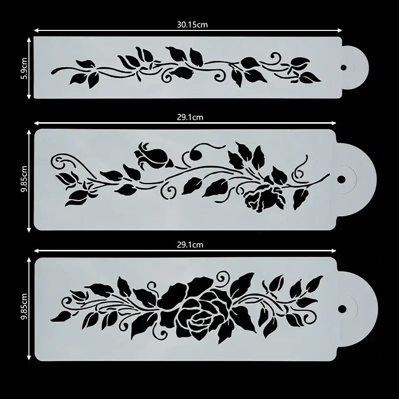 a set of three stencils of roses and leaves