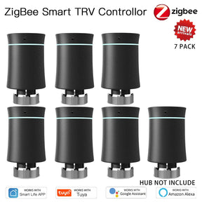 Seven black ZigBee smart TRV controllers.