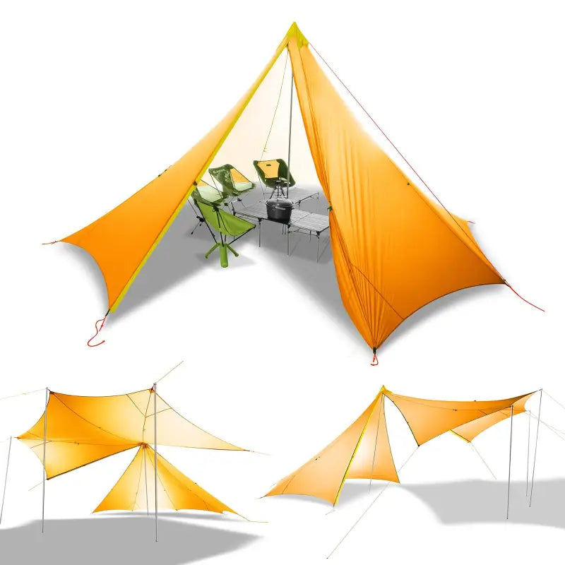there are four different views of a tent with a table and chairs