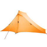 the tent is orange and has a large, triangular shape