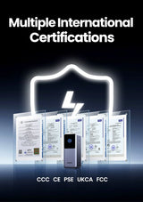 Glowing shield icon with a lightning bolt, surrounded by certification documents.