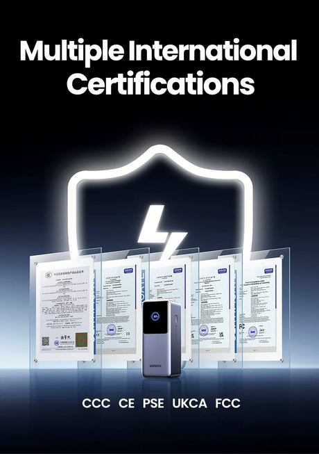 Glowing shield icon with a lightning bolt, surrounded by certification documents.