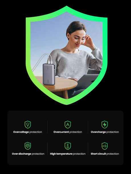 Shield-shaped icon containing an image of a person using a laptop with a portable charger nearby.