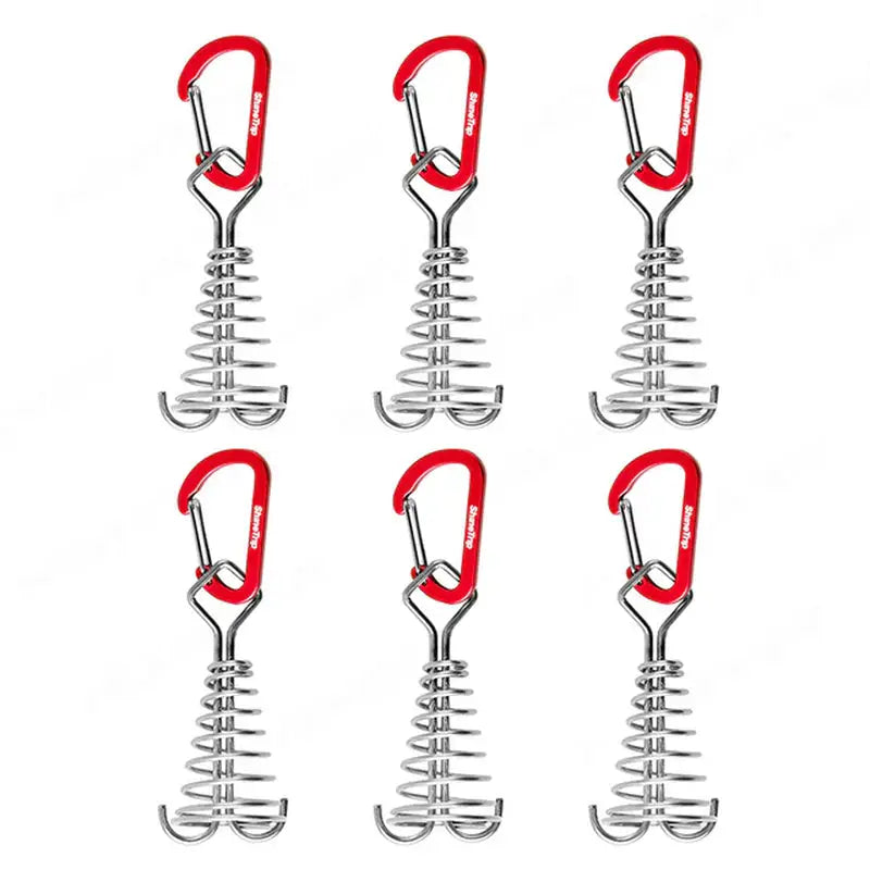 four red hooks are attached to a metal wire