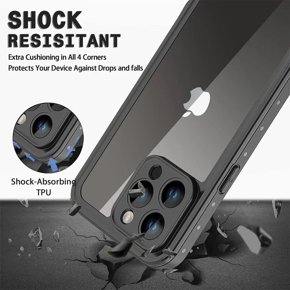 Shock-resistant protective case for an iPhone, featuring extra cushioning in the corners and a transparent back panel.