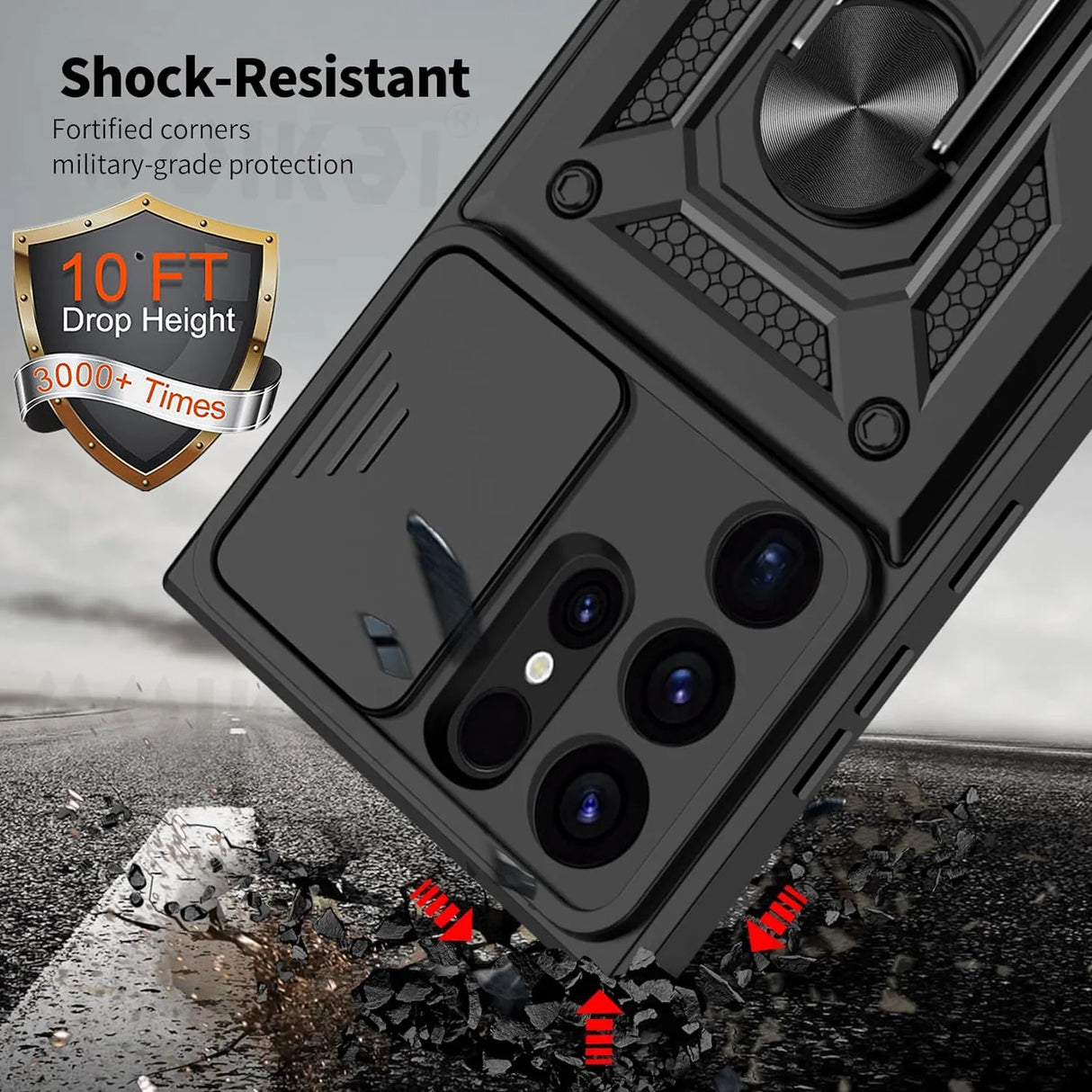 Shock-resistant smartphone case with military-grade protection and multiple camera lenses.