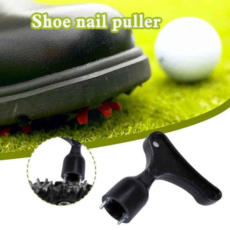 a golf ball and a black shoe on a green field