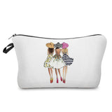 a white cosmetic bag with two girls in striped dresses