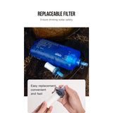 a hand holding a plastic bottle with a water filter