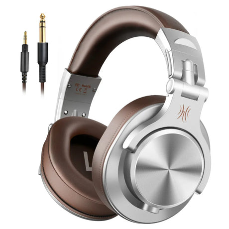 Silver and brown over-ear headphones with audio cables.