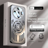 Silver-colored phone case with a camera lens protector, magnetic charging area, and anti-fall features.