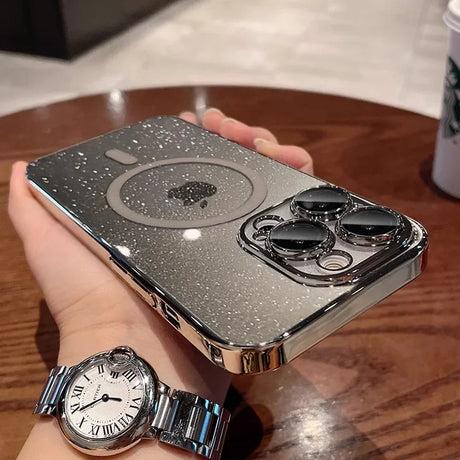 Silver glittery iPhone case.