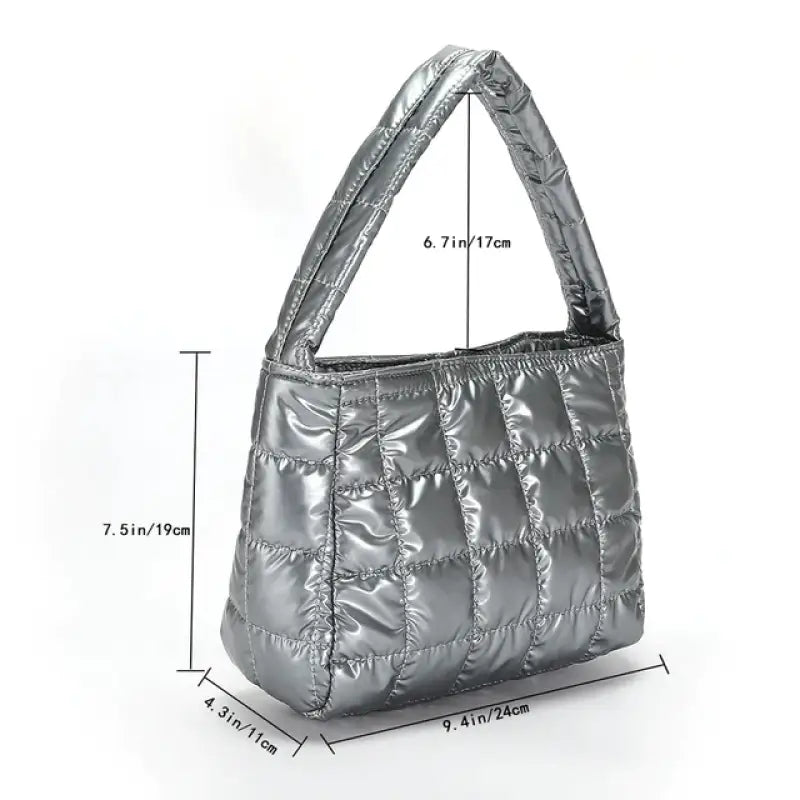 a silver handbag with measurements