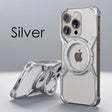 Silver iPhone case with a circular magnetic attachment and reinforced corners.