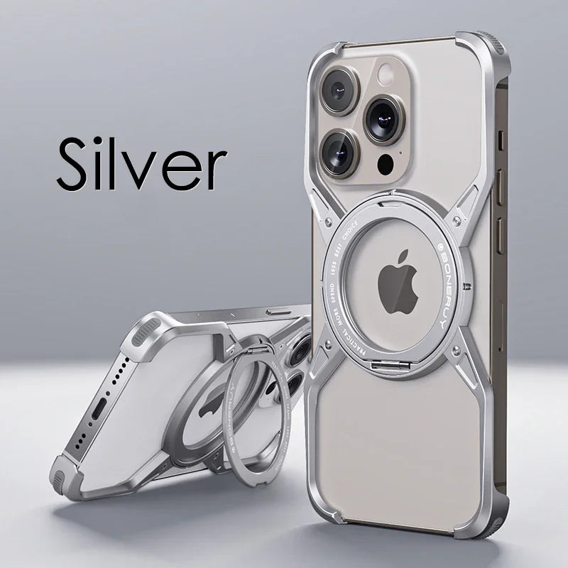 Silver iPhone case with a circular magnetic attachment and reinforced corners.