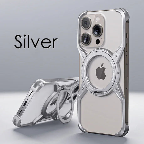 Silver iPhone case with a circular magnetic attachment and reinforced corners.