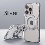 Silver iPhone case with a circular magnetic attachment and reinforced corners.