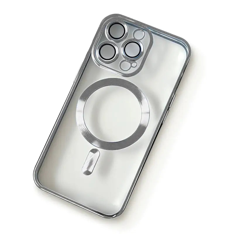 the back of a silver iphone case with a circular design