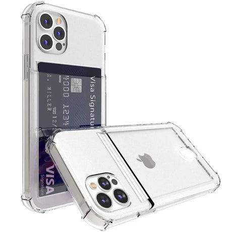 the back of a clear iphone case with a credit card slot