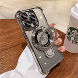 Silver iPhone case with ring stand.