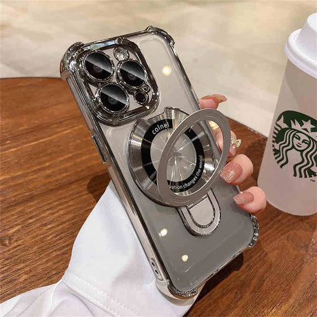 Silver iPhone case with ring stand.