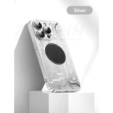 the silver iphone case is shown on a white pedestal