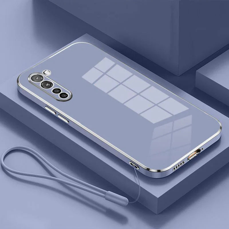 the back of a silver iphone case with a white cable