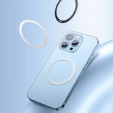 Silver iPhone with a triple-lens camera and circular magnetic rings.