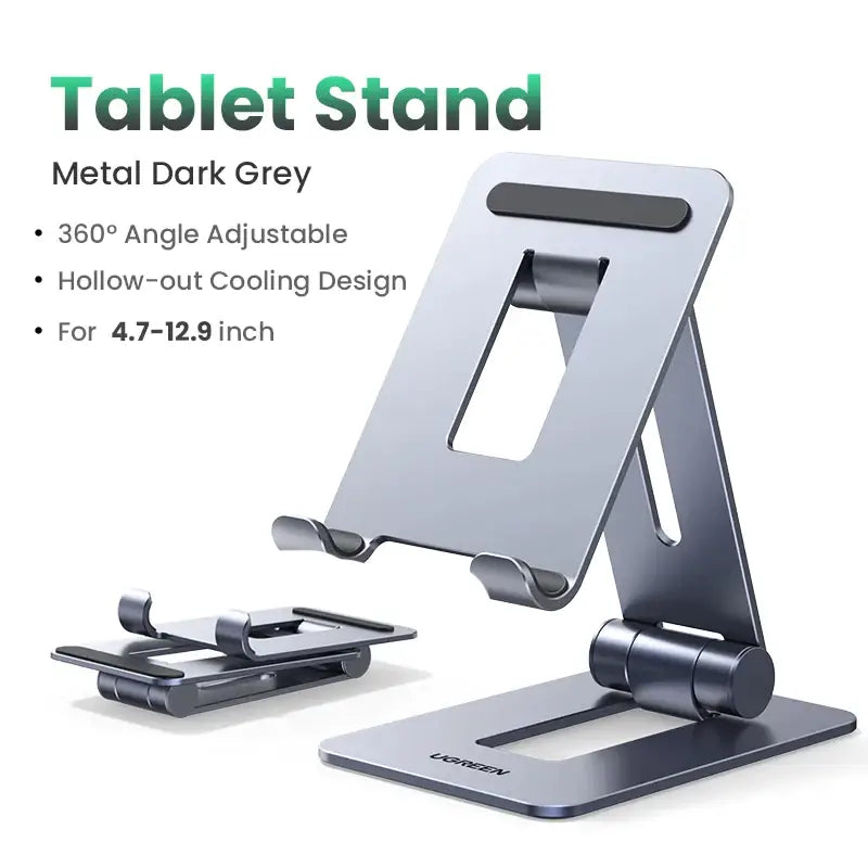 a silver metal stand with a phone and a tablet