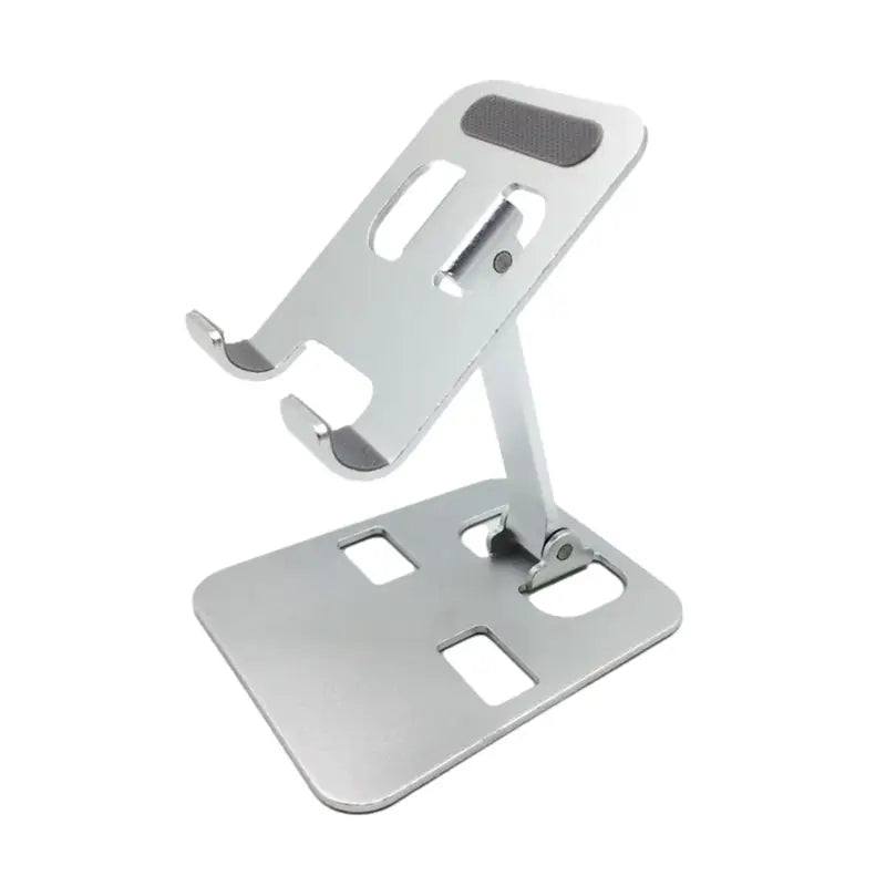 a silver metal stand with a white background