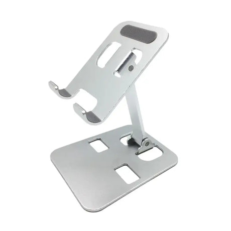 A silver metal stand with a white background