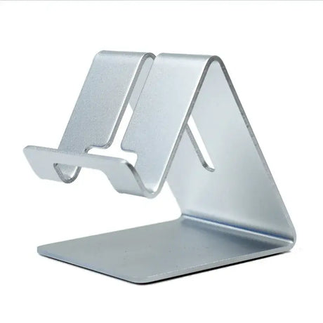 A silver metal stand with a white background