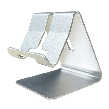 A silver metal stand with a white background