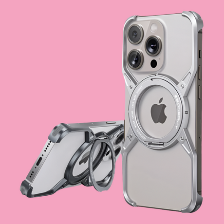 Silver protective case for an iPhone with a circular magnetic attachment and multiple camera cutouts.