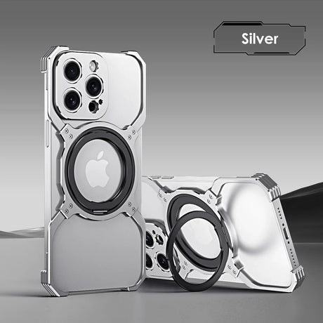 Silver protective phone case with an integrated ring holder and multiple camera cutouts.