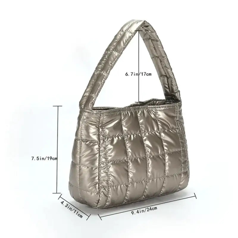 a silver purse bag with measurements