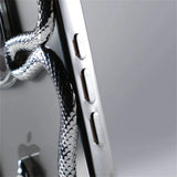 Silver smartphone with snake-patterned cord.