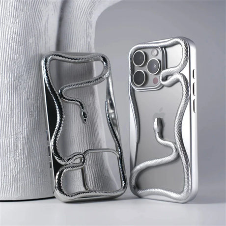 Silver snake-themed phone cases.