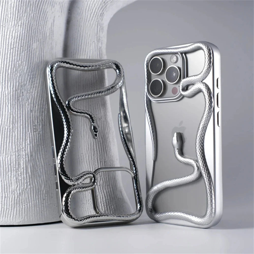 Silver snake-themed phone cases.